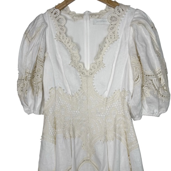 ZIMMERMANN Tiggy Embroidered Linen Puff Sleeve Mini Dress - Picture 5 of 12